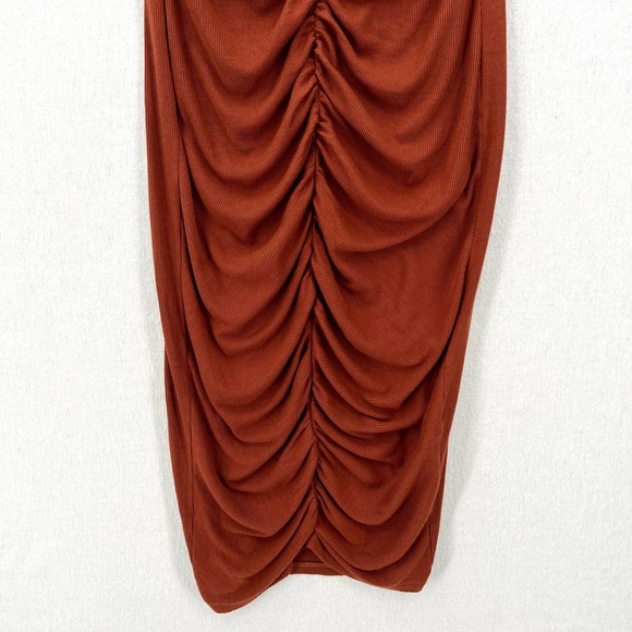 ENZA COSTA Dress Womens Large Umber Stretch Silk Knit Ruched Strappy Midi NEW - Picture 8 of 16